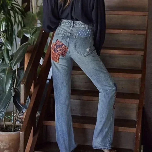 NWT Free People Belladonna Straight Leg Jeans High Rise Denim Patchwork 28 - Picture 4 of 16